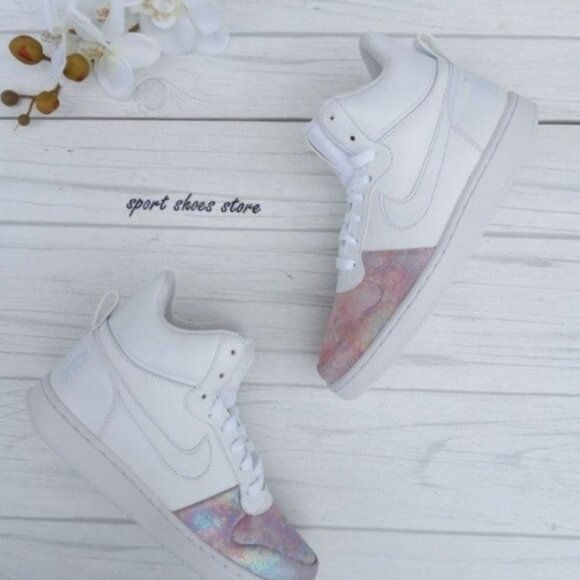 7 WOMEN'S NIKE COURT BOROUGH SNEAKERS MID PREMIUM WHITE / ROSE 844907-102 - Picture 1 of 8